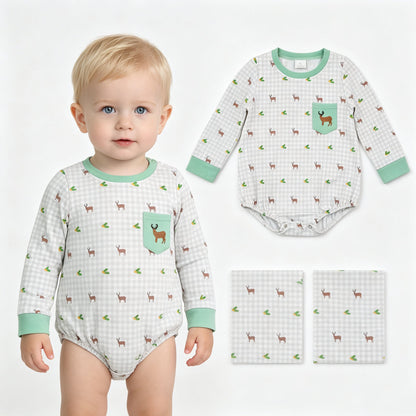 Long sleeves deer embroidery pocket plaid baby boy romper