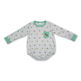 Mini Rodeo long sleeve baby boy romper with deer embroidery, pocket, and plaid design in a cute boy bubbles style.