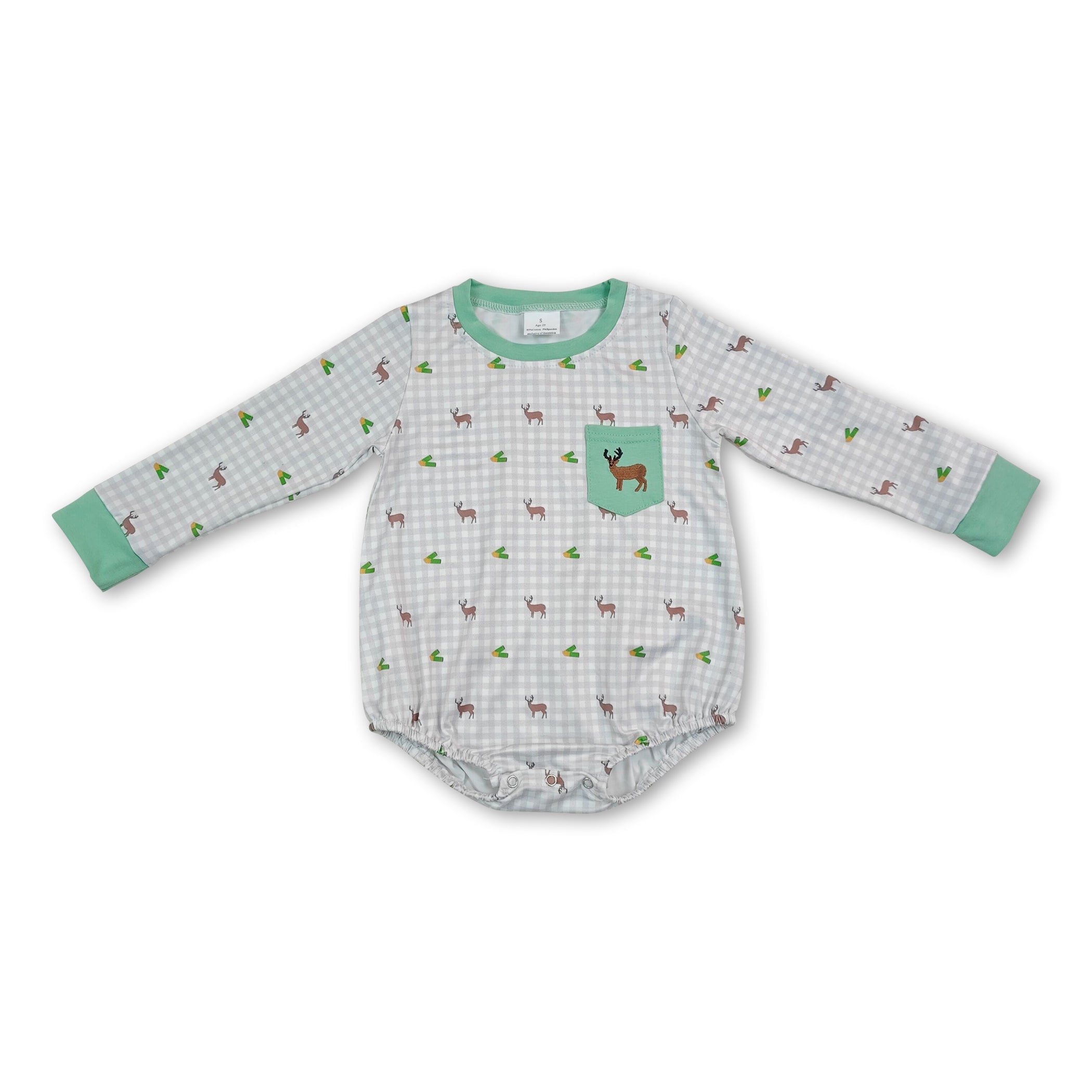 Long sleeves deer embroidery pocket plaid baby boy romper
