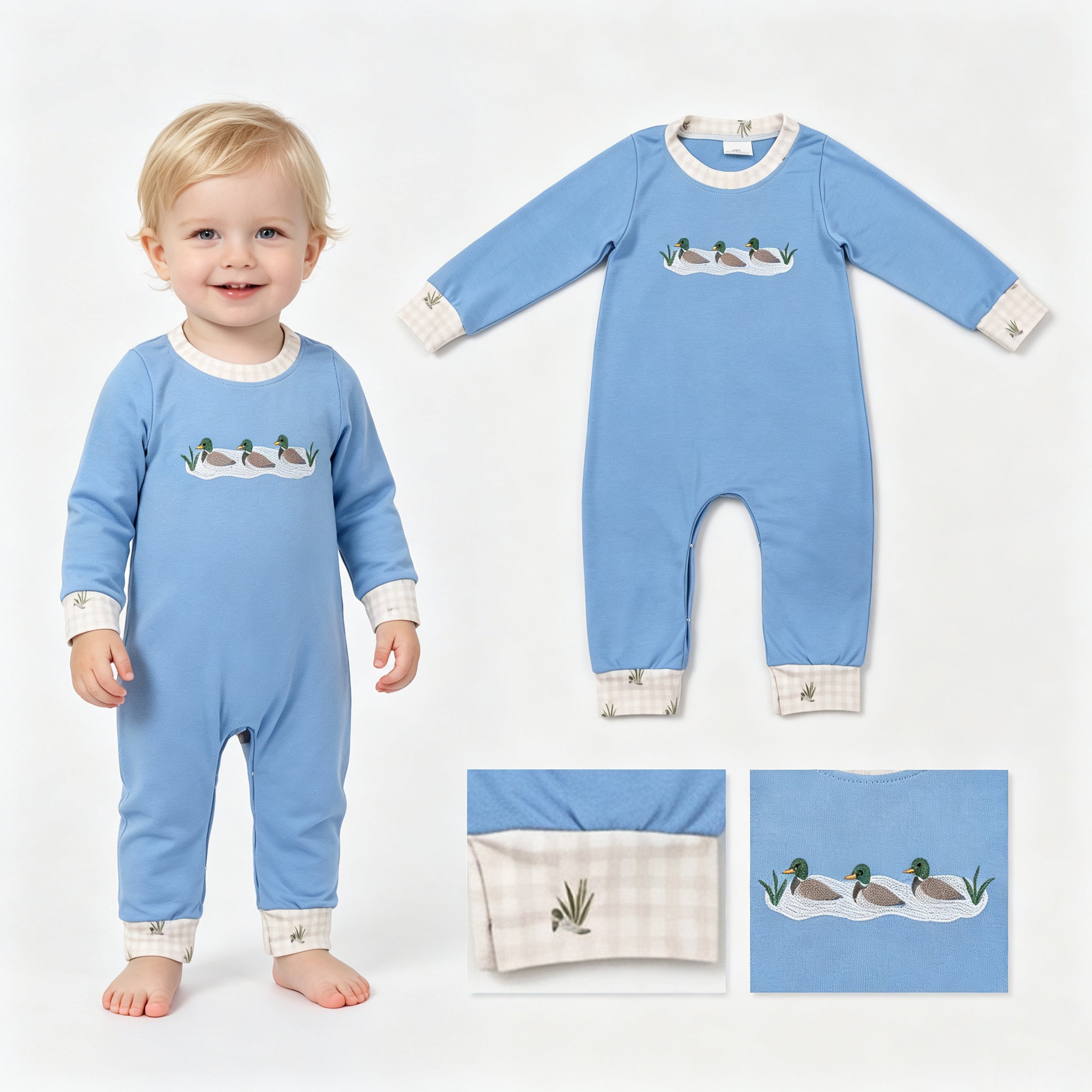 Long sleeves duck embroidery baby boy romper