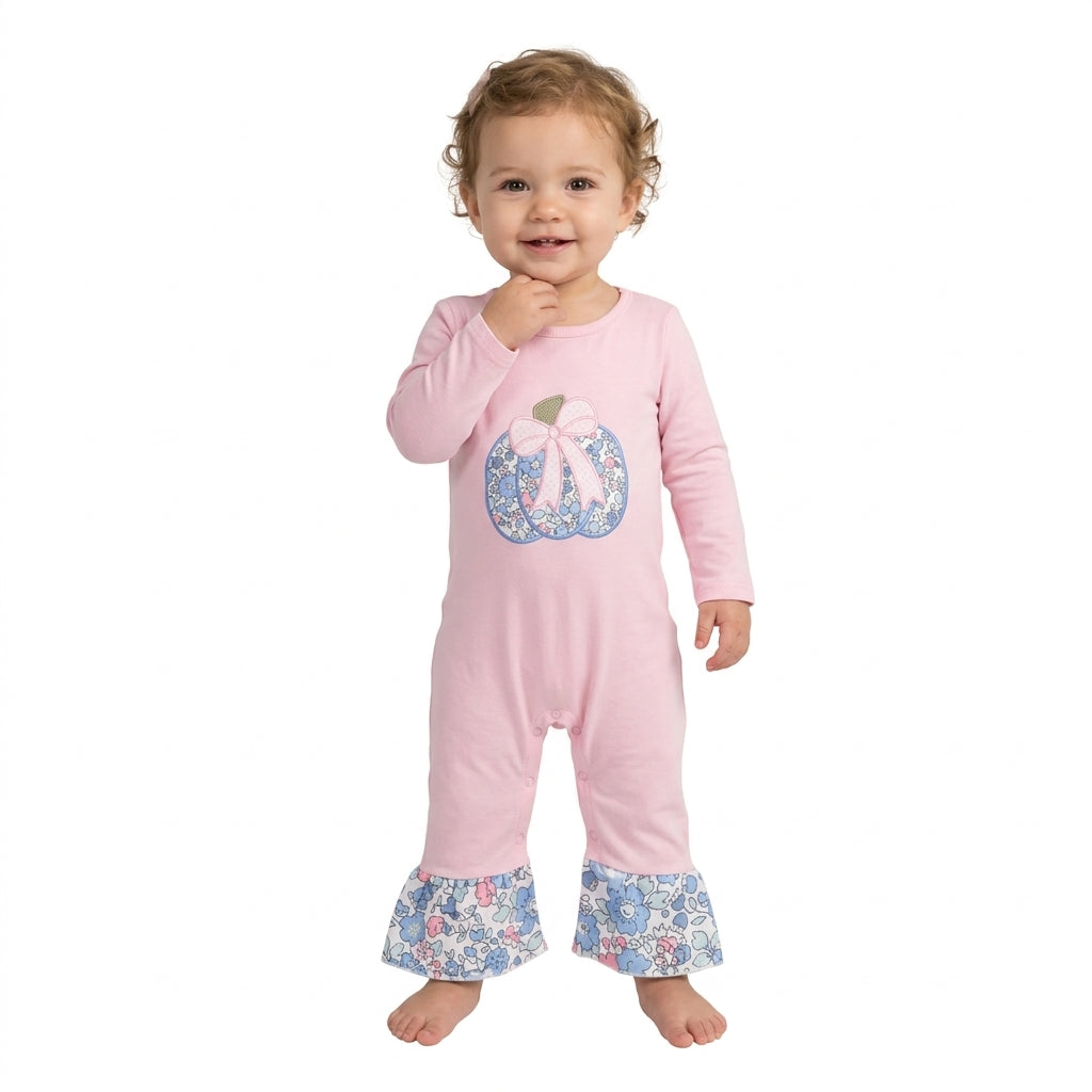 Pink cotton floral bow embroidery girls fall romper