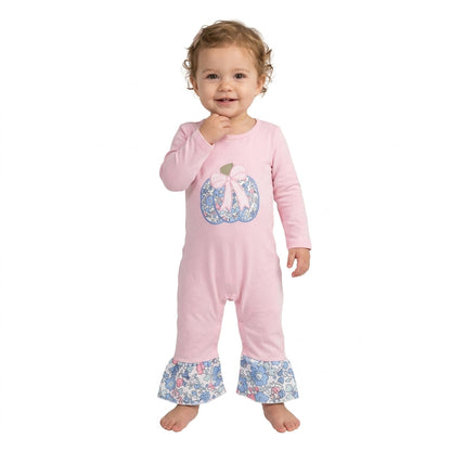 Pink cotton floral bow embroidery girls fall romper