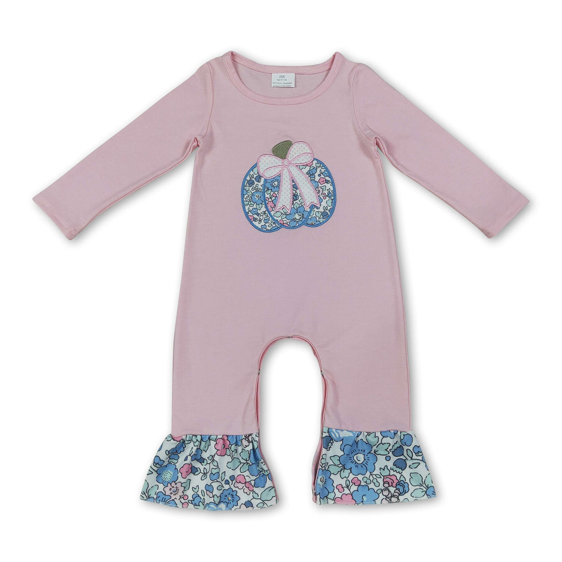Pink cotton floral bow embroidery girls fall romper