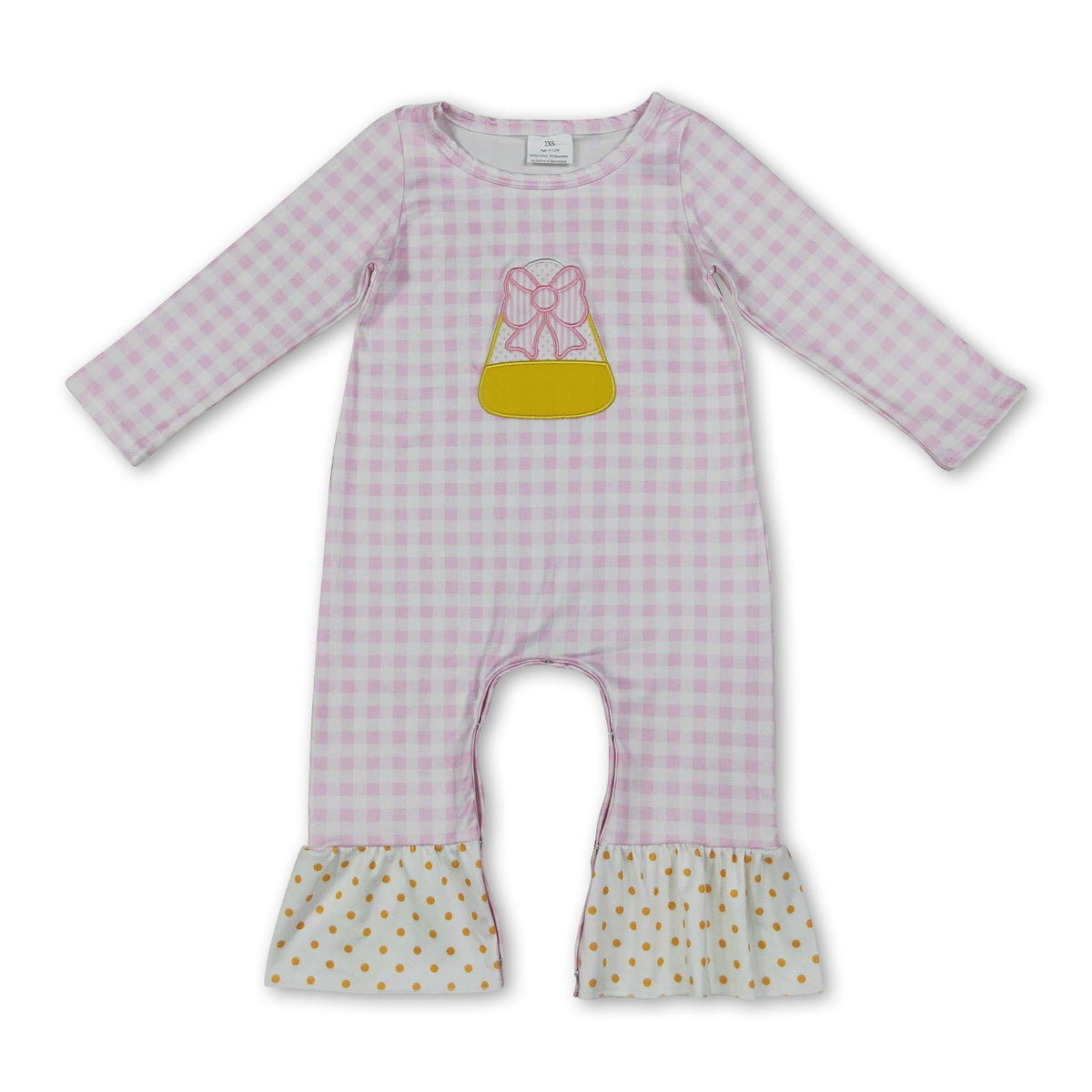 Pink plaid candy corn embroidery girls Halloween romper