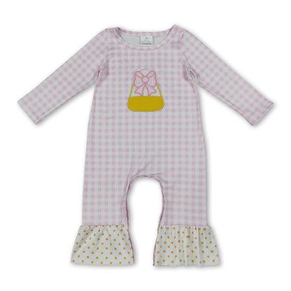 Pink plaid candy corn embroidery girls Halloween romper