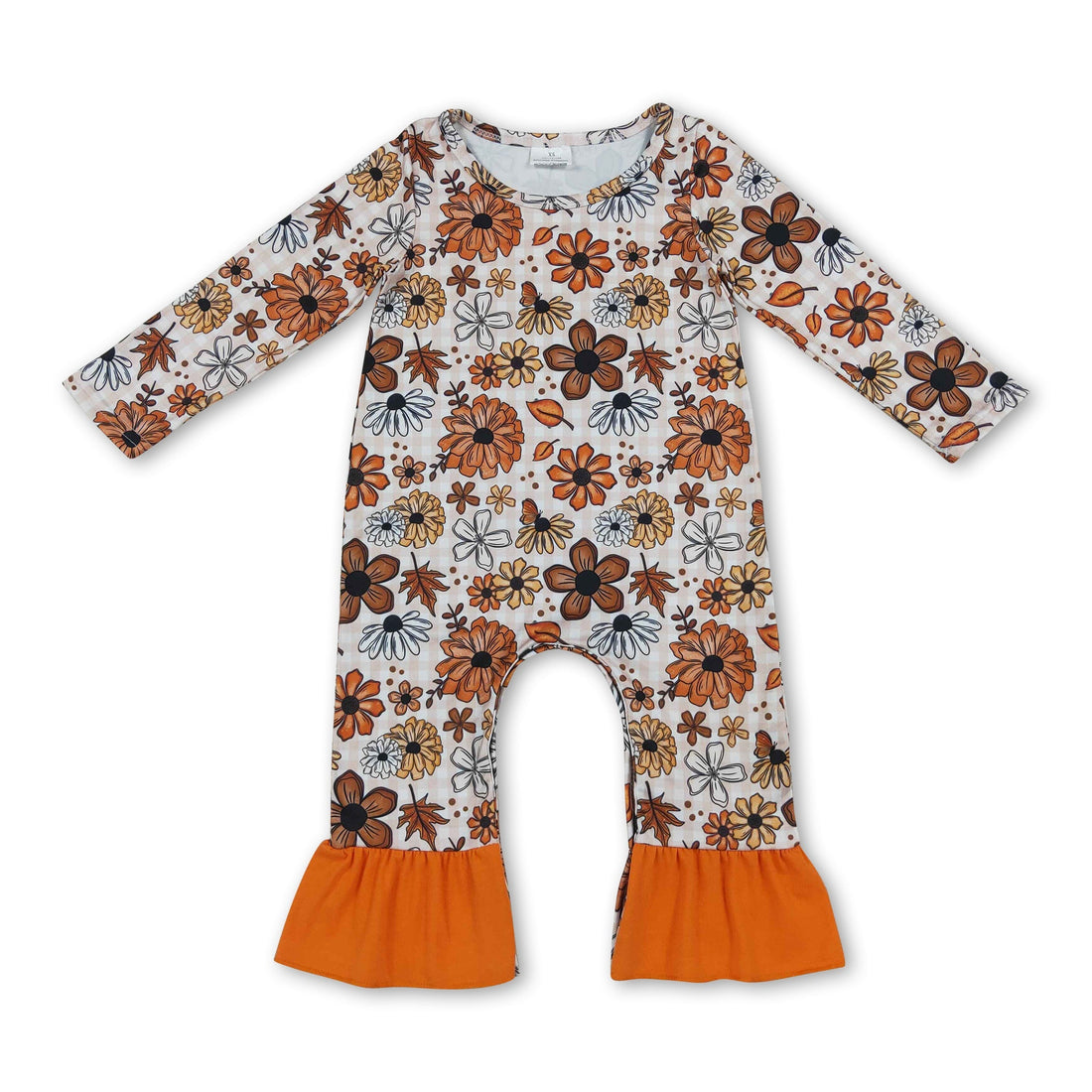Orange ruffle floral long sleeves baby girls fall romper