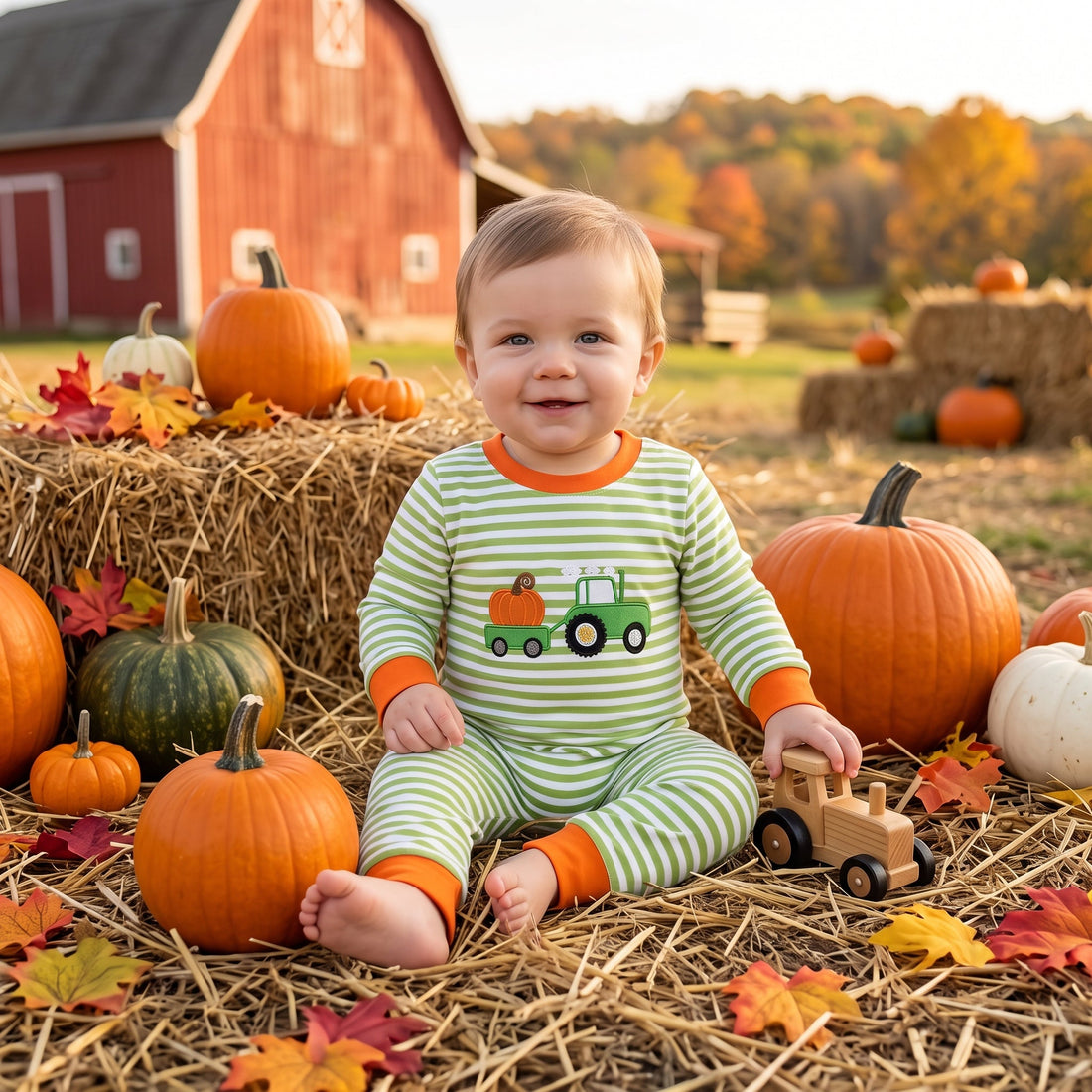 Green stripe pumpkin embroidery baby boy fall romper
