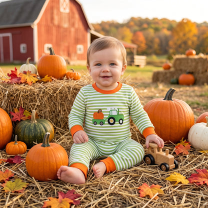 Green stripe pumpkin embroidery baby boy fall romper