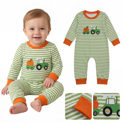 Green stripe pumpkin embroidery baby boy fall romper