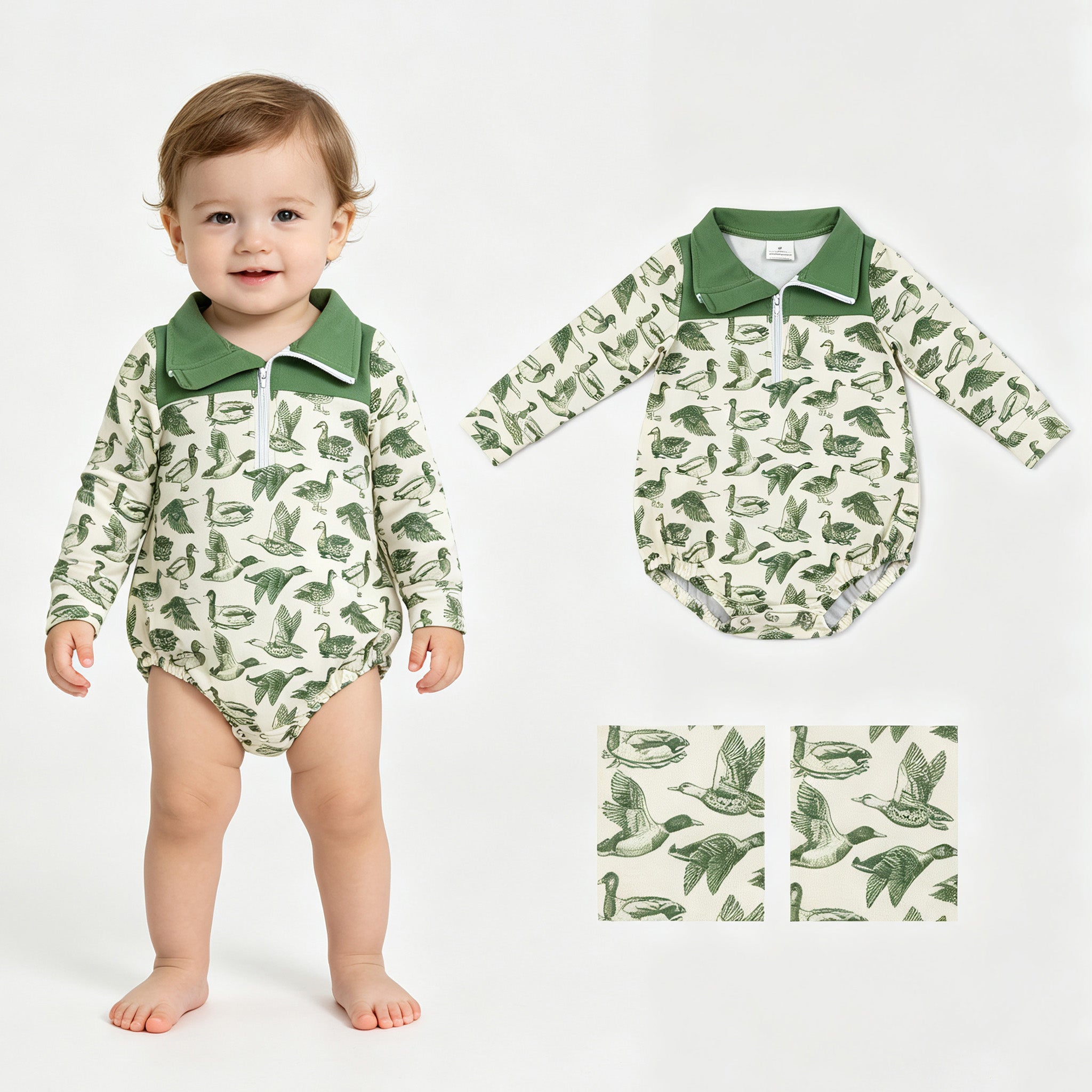 Long sleeves green duck baby boy fall romper