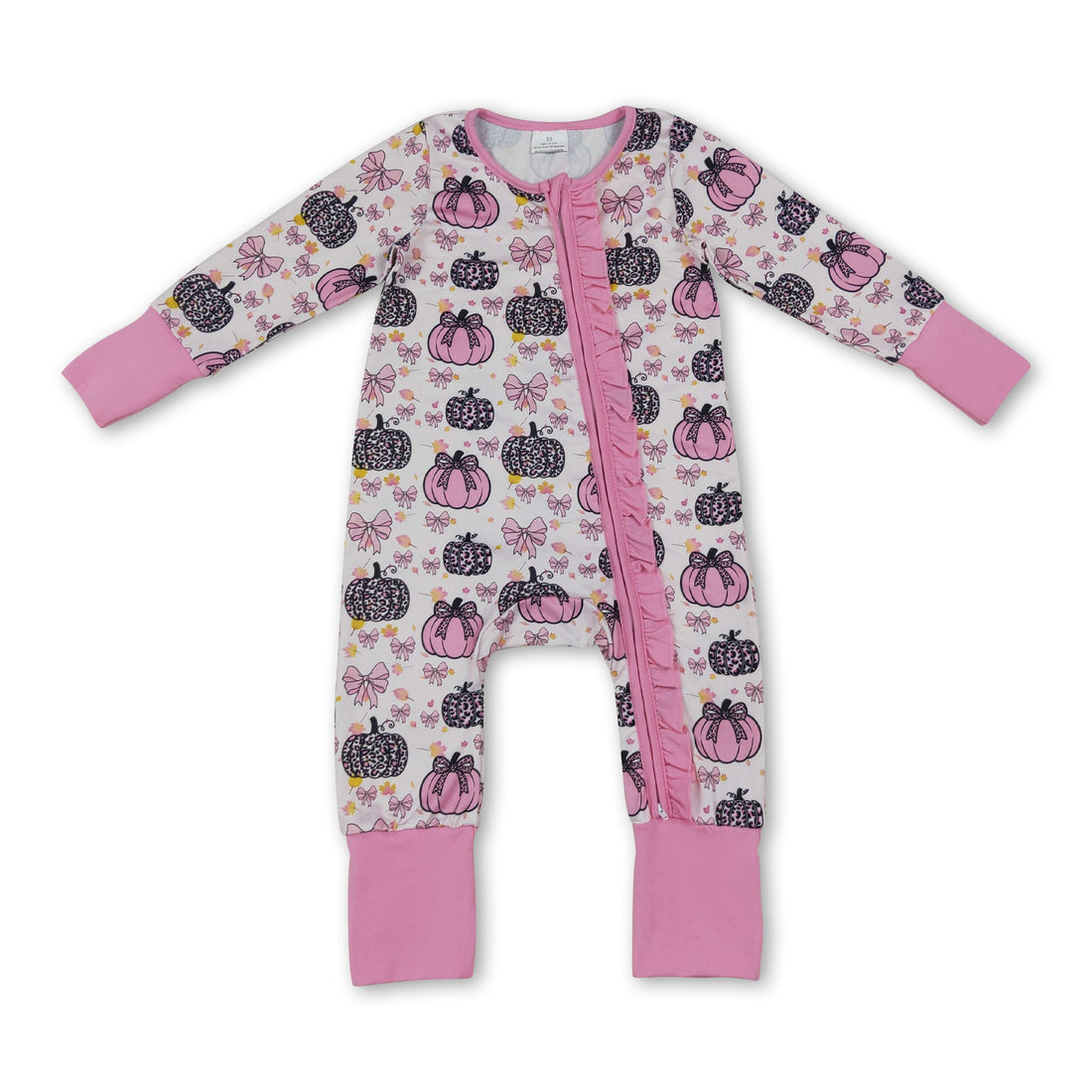 Long sleeves leopard pink bow baby girls fall zipper romper