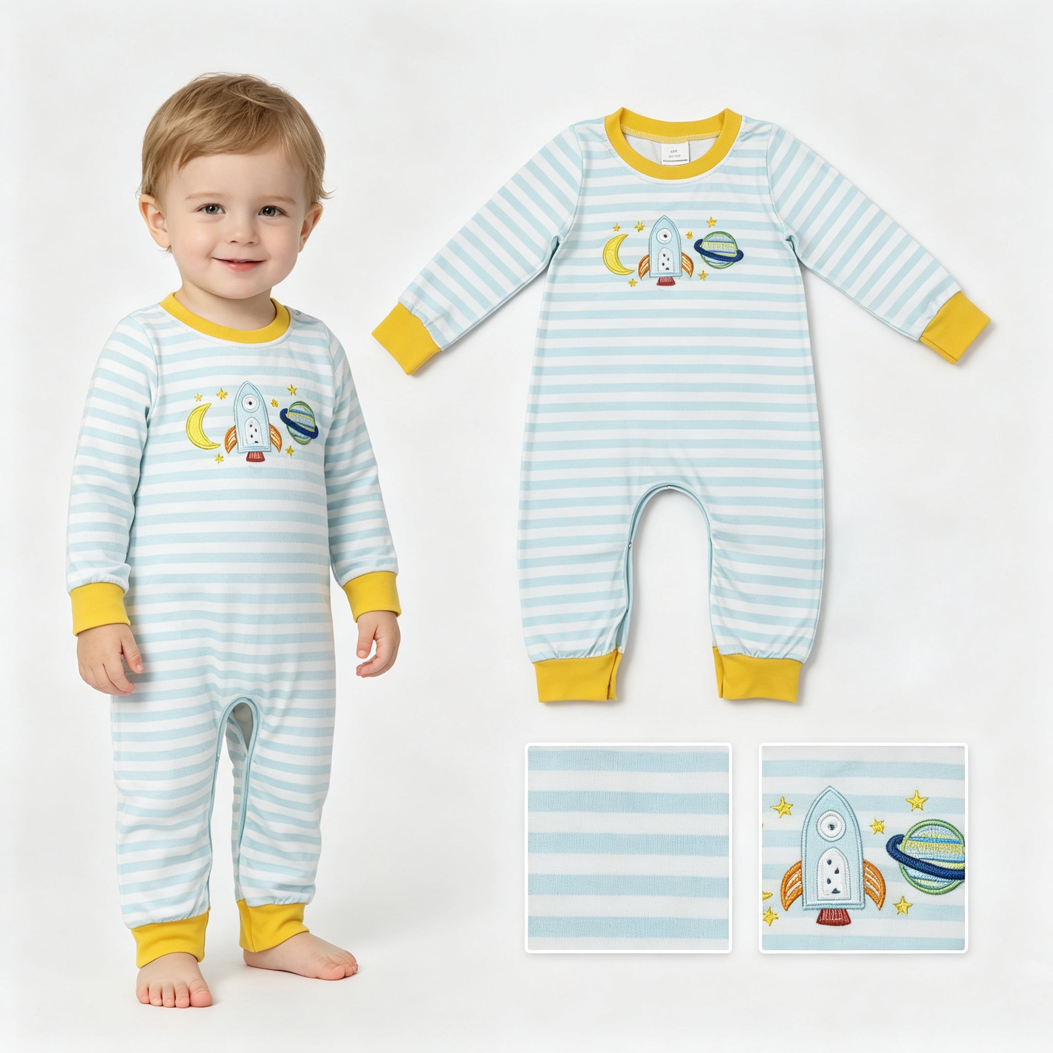 Long sleeves moon rocket embroidery baby boy romper