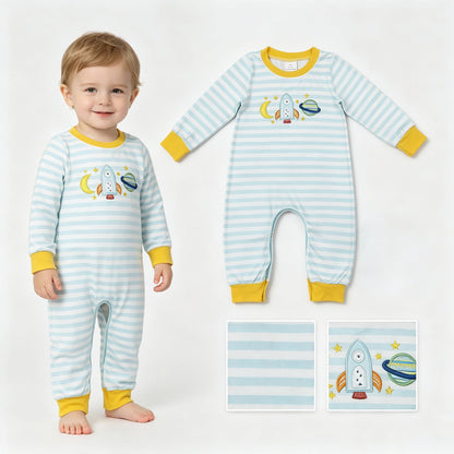 Long sleeves moon rocket embroidery baby boy romper