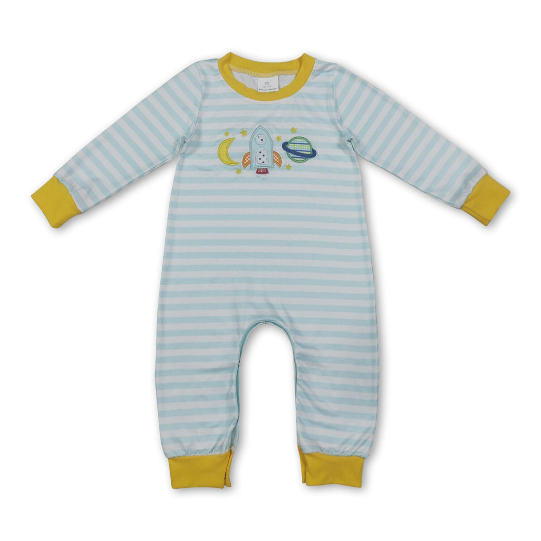 Baby boy romper with long sleeves and moon rocket embroidery by Mini Rodeo, featuring playful space-themed design.
