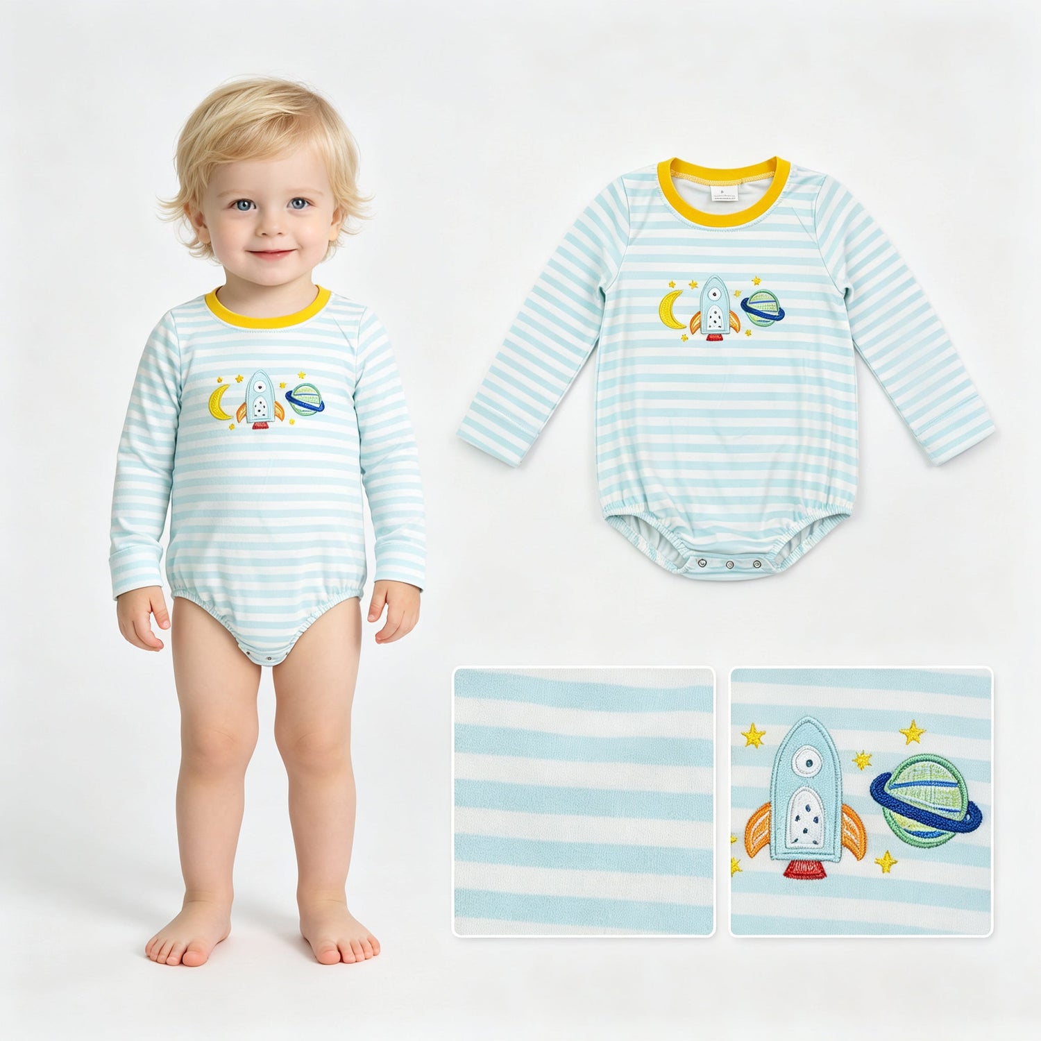 Stripe moon rocket embroidery baby boy romper