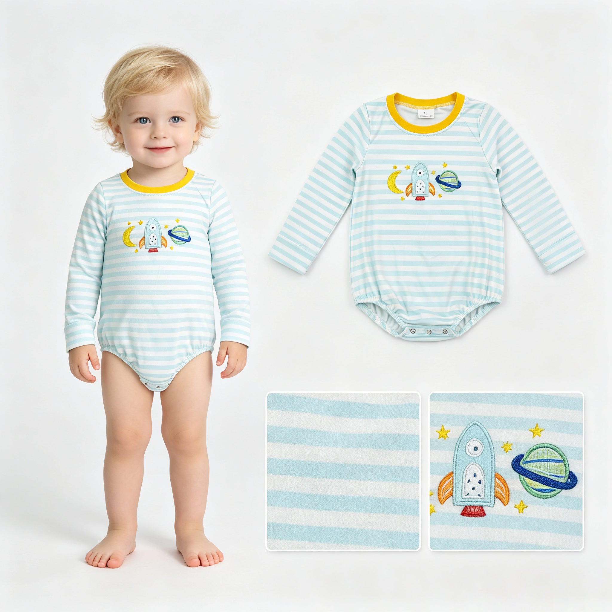 Stripe moon rocket embroidery baby boy romper