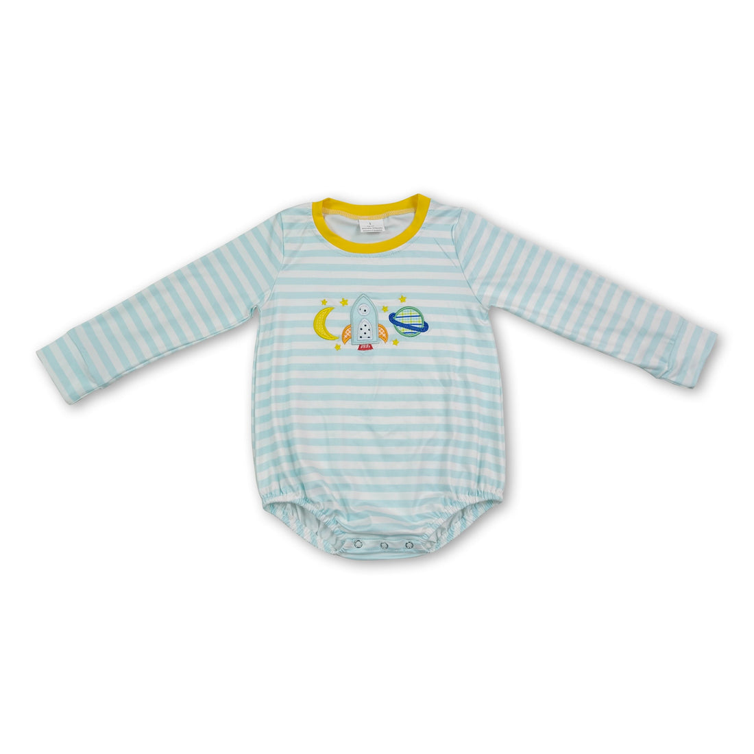 Mini Rodeo Stripe moon rocket embroidery baby boy romper, boy bubbles style, featuring playful rocket and moon embroidery.