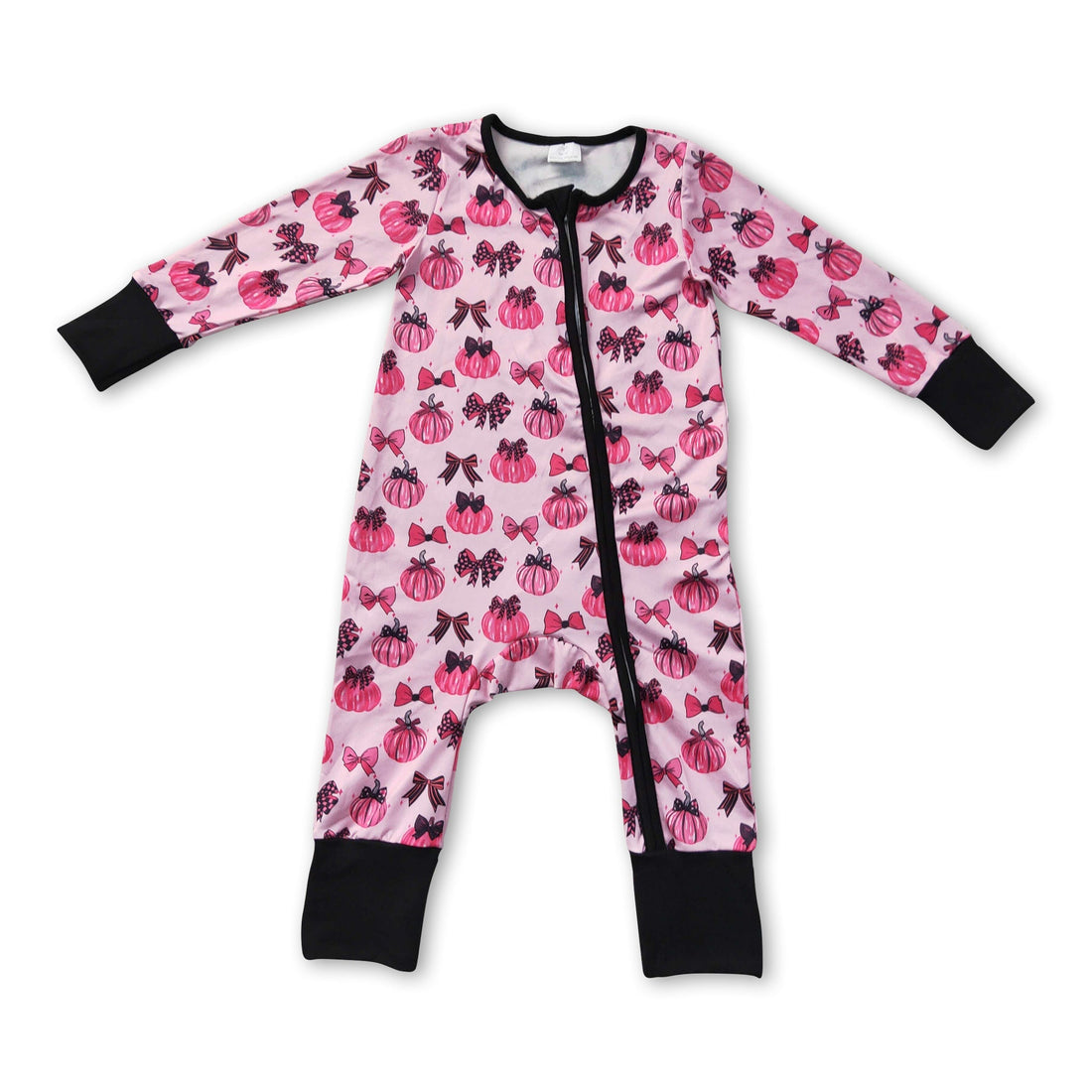 Pink pumpkin bows girl sleeper with long sleeves and zipper, suitable for fall, by Mini Rodeo.