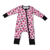 Pink pumpkin bows girl sleeper with long sleeves and zipper, suitable for fall, by Mini Rodeo.
