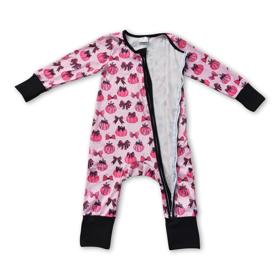 Pink pumpkin bows girl sleeper romper with long sleeves and zipper closure, perfect for fall, by Mini Rodeo.