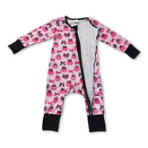 Pink pumpkin bows girl sleeper romper with long sleeves and zipper closure, perfect for fall, by Mini Rodeo.