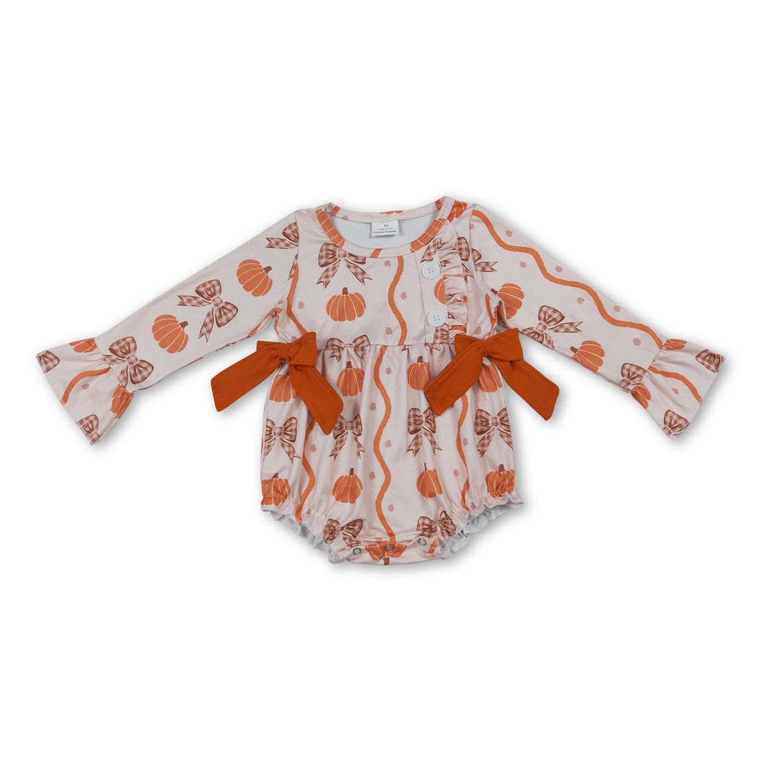 Baby girl fall romper with long sleeves, pumpkin bow design, by Mini Rodeo, featuring a cute bubble style for fall wear.