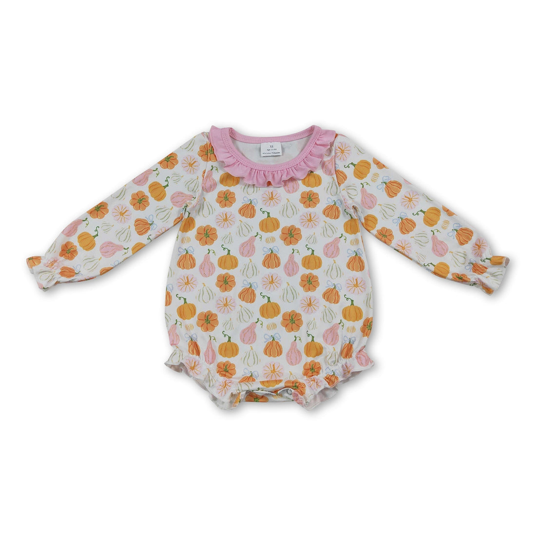 Pink long sleeve pumpkin-themed romper for baby girls with ruffles, by Mini Rodeo, featuring a cute fall-inspired design.