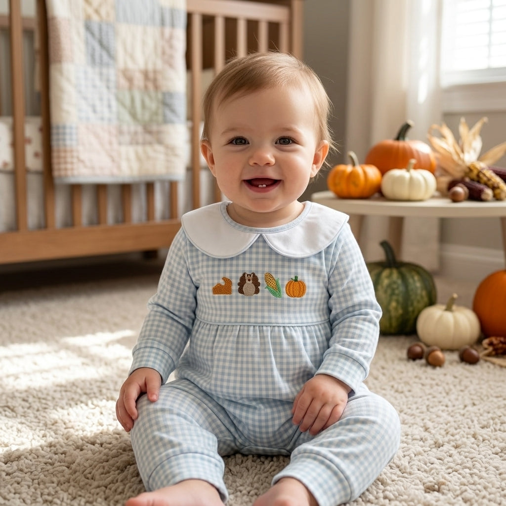 Plaid turkey pumpkin pie baby boys Thanksgiving romper