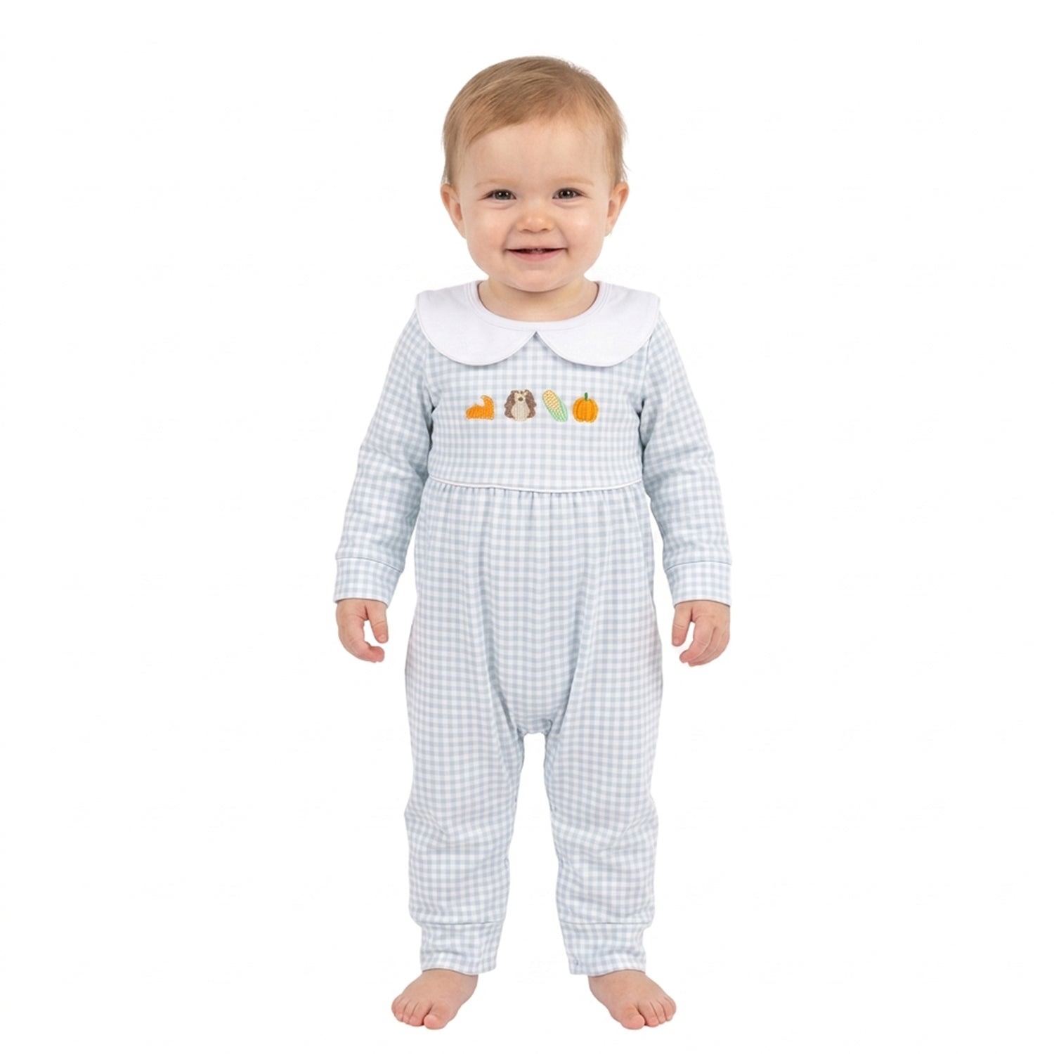 Plaid turkey pumpkin pie baby boys Thanksgiving romper