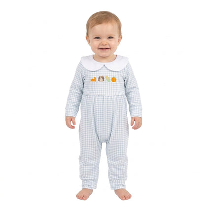 Plaid turkey pumpkin pie baby boys Thanksgiving romper