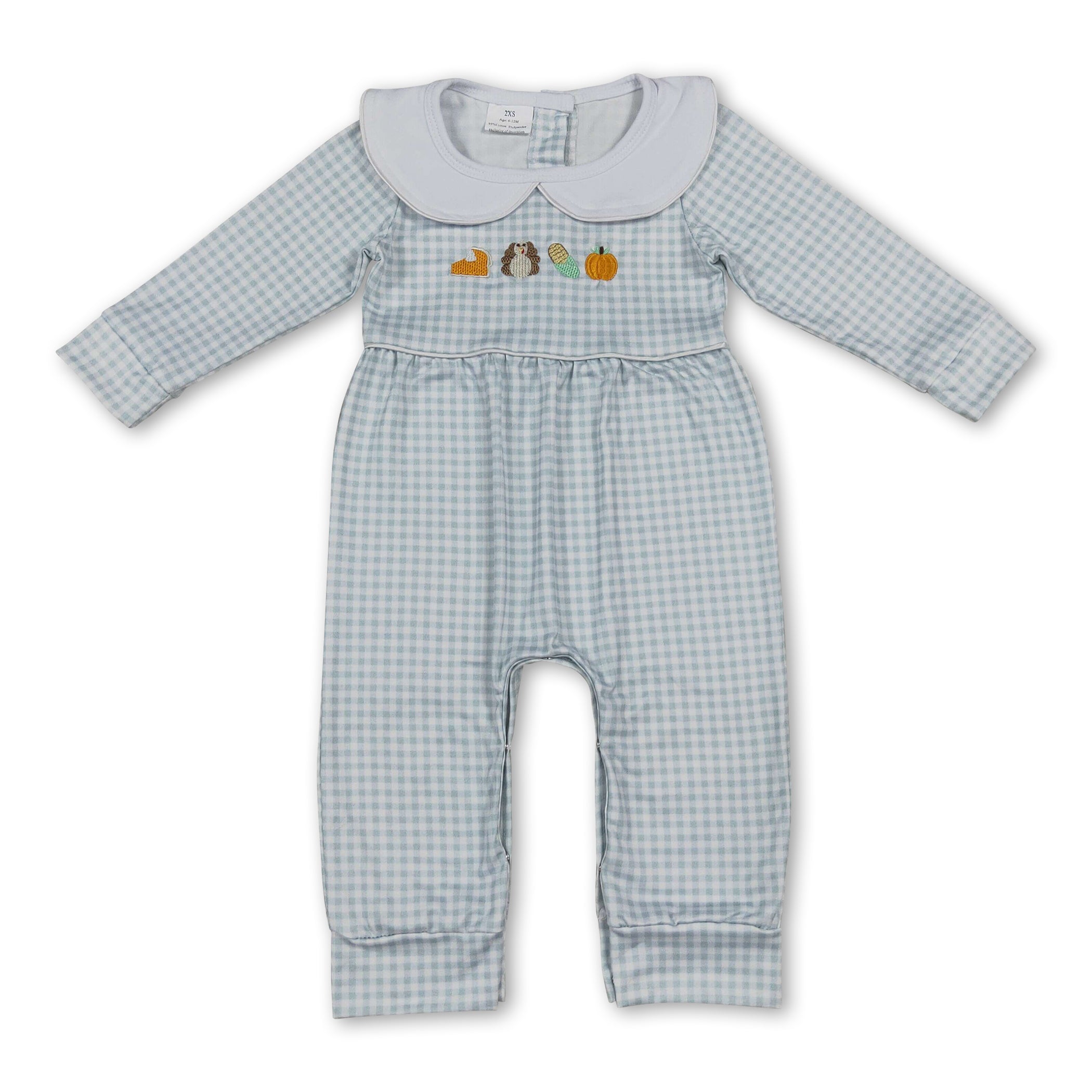 Plaid turkey pumpkin pie baby boys Thanksgiving romper