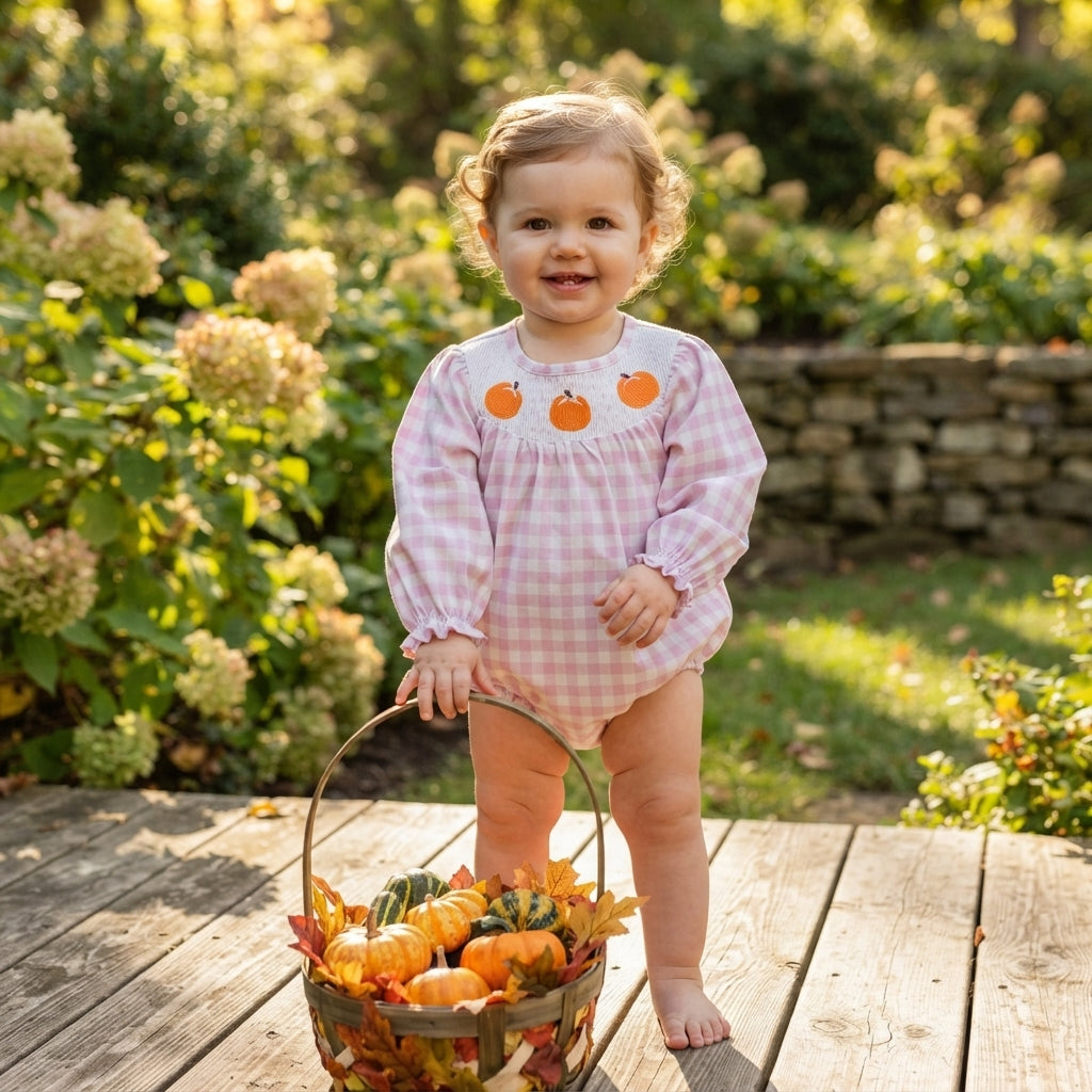 Pink plaid pumpkin smocked baby girls fall romper