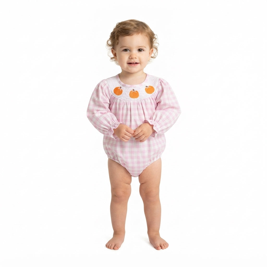 Pink plaid pumpkin smocked baby girls fall romper