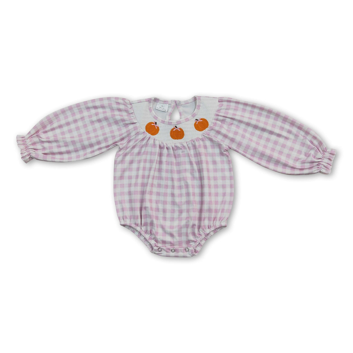 Pink plaid pumpkin smocked baby girls fall romper