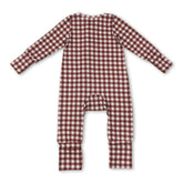 Mini Rodeo long sleeves plaid baby boy fall zipper romper, cozy boy sleeper with fall-themed plaid design.