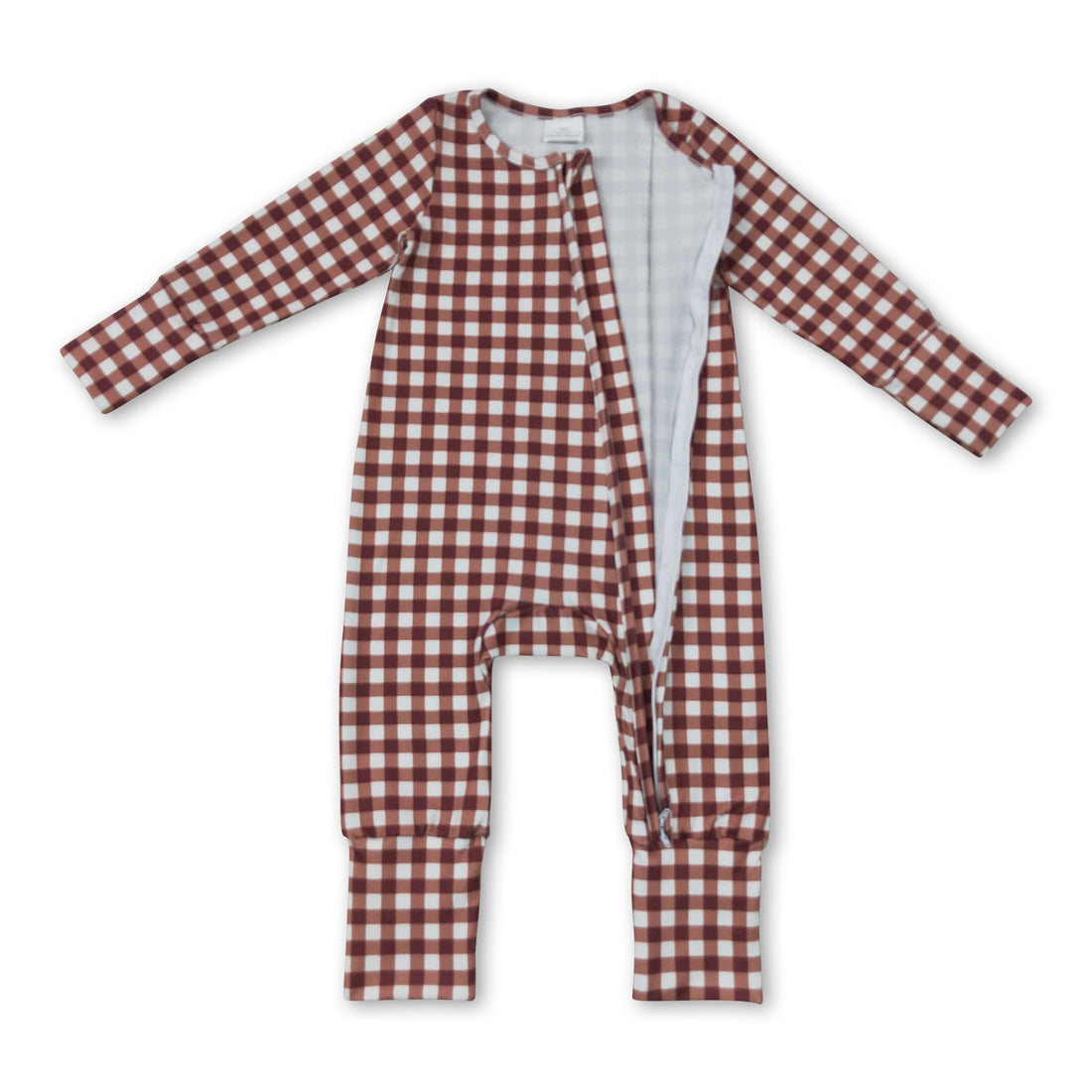 Mini Rodeo long sleeves plaid baby boy fall zipper romper, cozy sleeper with button closure and fall-inspired design.