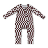 Mini Rodeo long sleeves plaid stripe baby boy fall zipper romper, cozy boy sleeper with plaid pattern and zipper closure.
