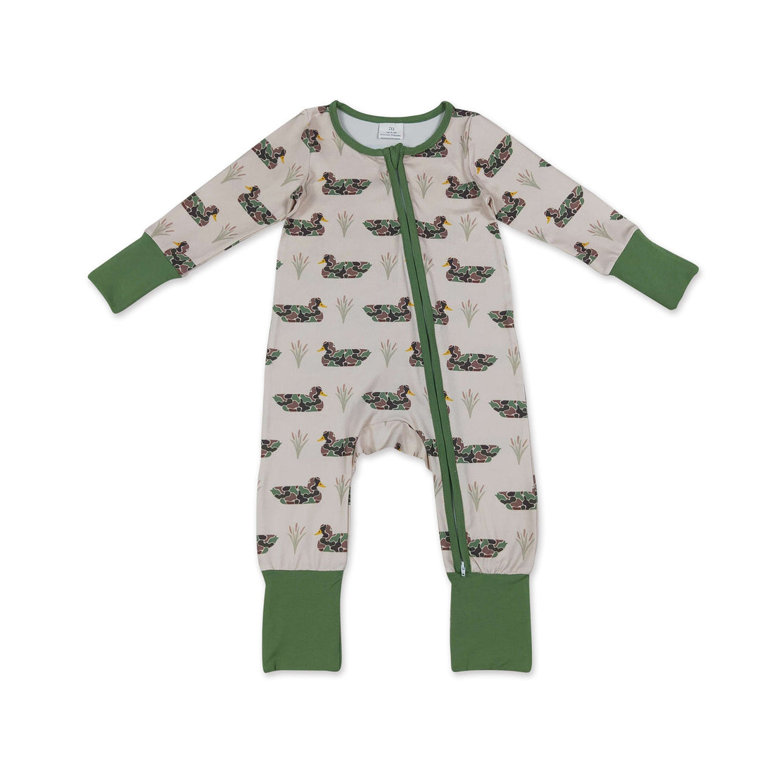Mini Rodeo long sleeves camo duck baby boy hunting zipper romper, cozy boy sleeper with camouflage pattern and front zipper.