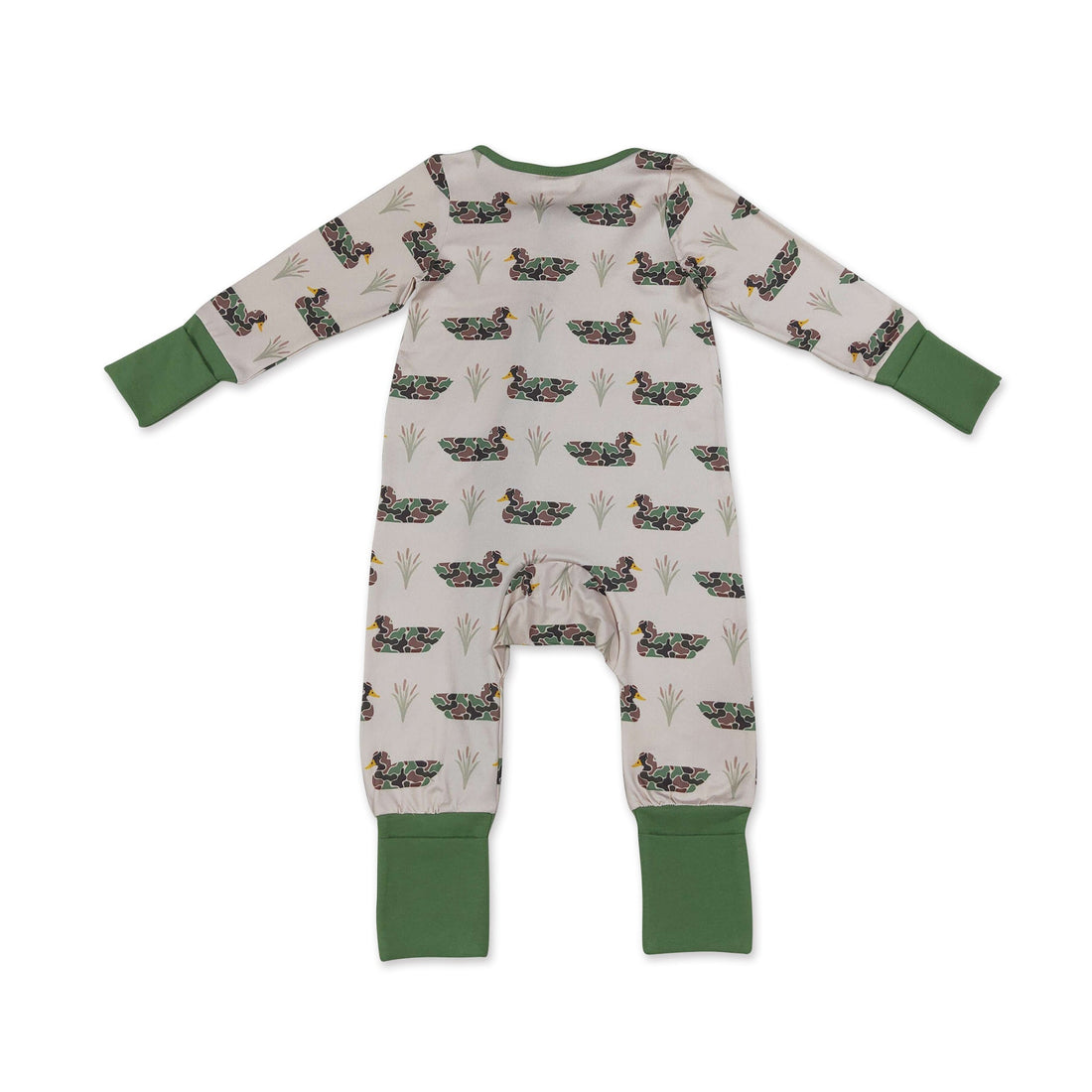 Baby boy hunting romper with long sleeves and camo duck print by Mini Rodeo, featuring a zipper closure and cozy sleeper design.