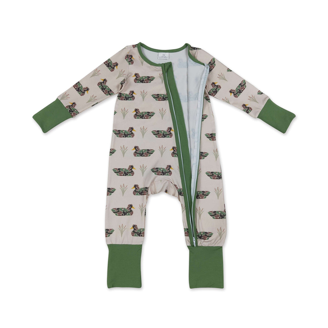 Mini Rodeo long sleeve camo duck baby boy hunting zipper romper, cozy sleeper with camo print and playful duck details.
