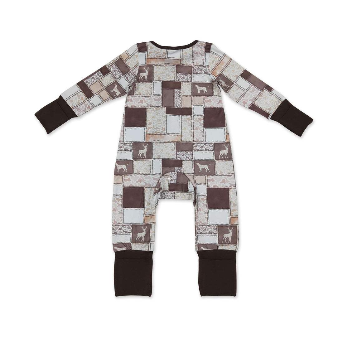 Mini Rodeo brown camo hunting dog baby boy zipper romper with long sleeves, perfect for cozy outdoor-themed baby wear.