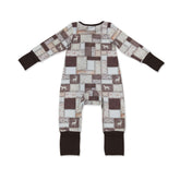 Mini Rodeo brown camo hunting dog baby boy zipper romper with long sleeves, perfect for cozy outdoor-themed baby wear.