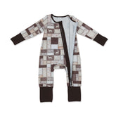 Brown camo hunting dog baby boy romper with long sleeves and zipper, designed for comfort and style by Mini Rodeo.
