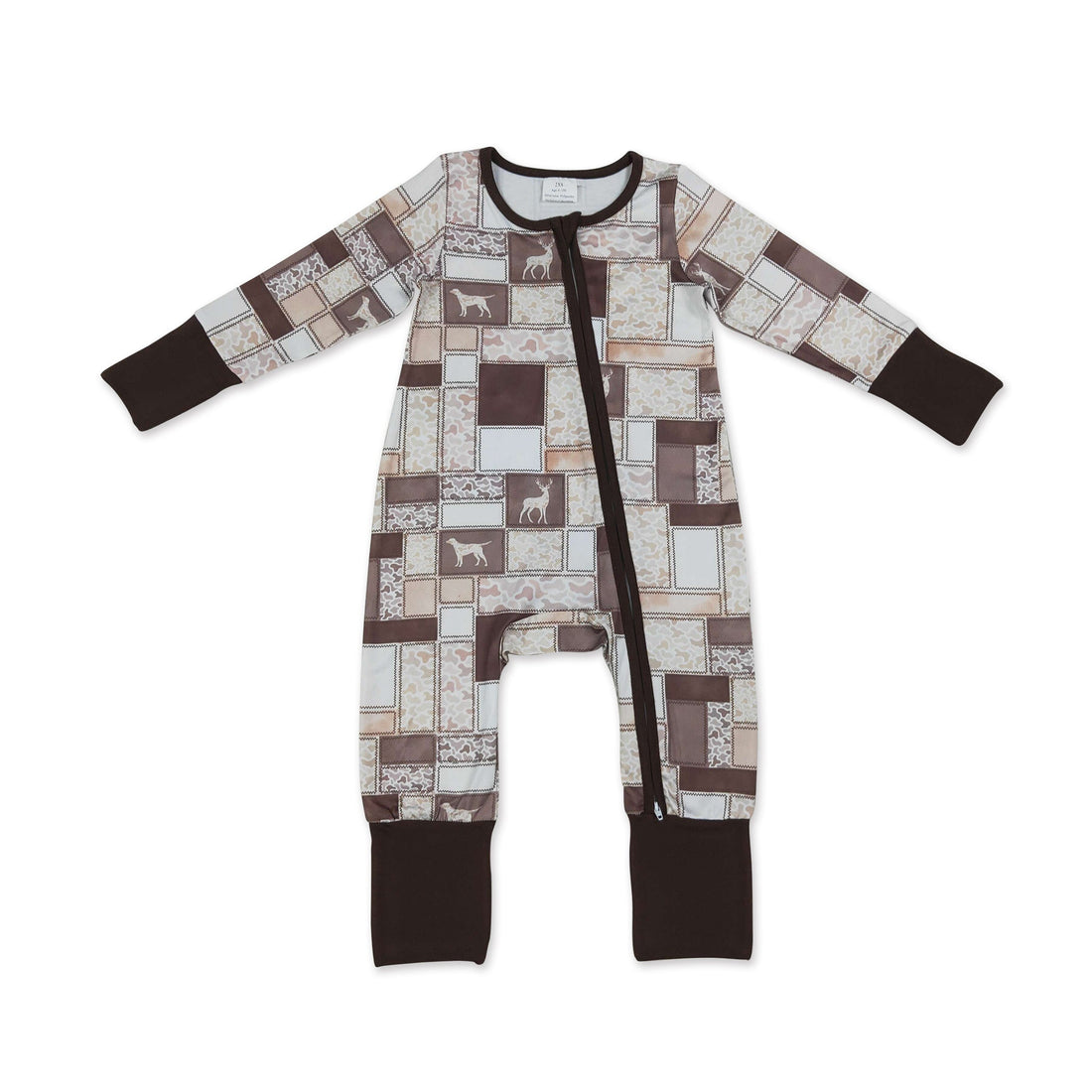 Brown camo hunting dog baby boy zipper romper by Mini Rodeo, long sleeve boy sleeper with zipper front and playful animal print.