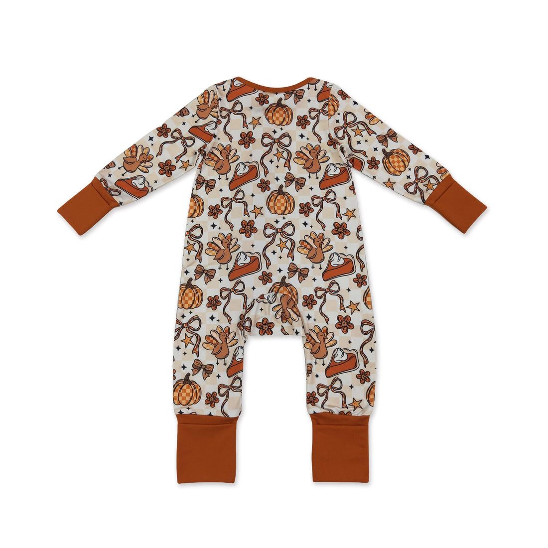 Mini Rodeo pumpkin pie turkey bow girl sleeper romper for babies, featuring Thanksgiving-themed zipper design and cute fall print.