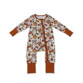 Baby girl pumpkin pie turkey zipper romper by Mini Rodeo, festive Thanksgiving-themed sleeper with cute pumpkin and turkey design.