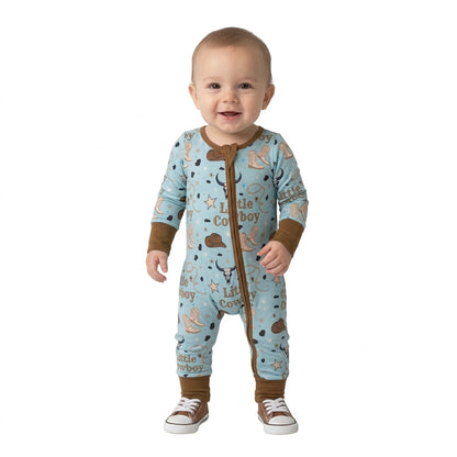 Little cowboy bull skull western baby boy zipper romper