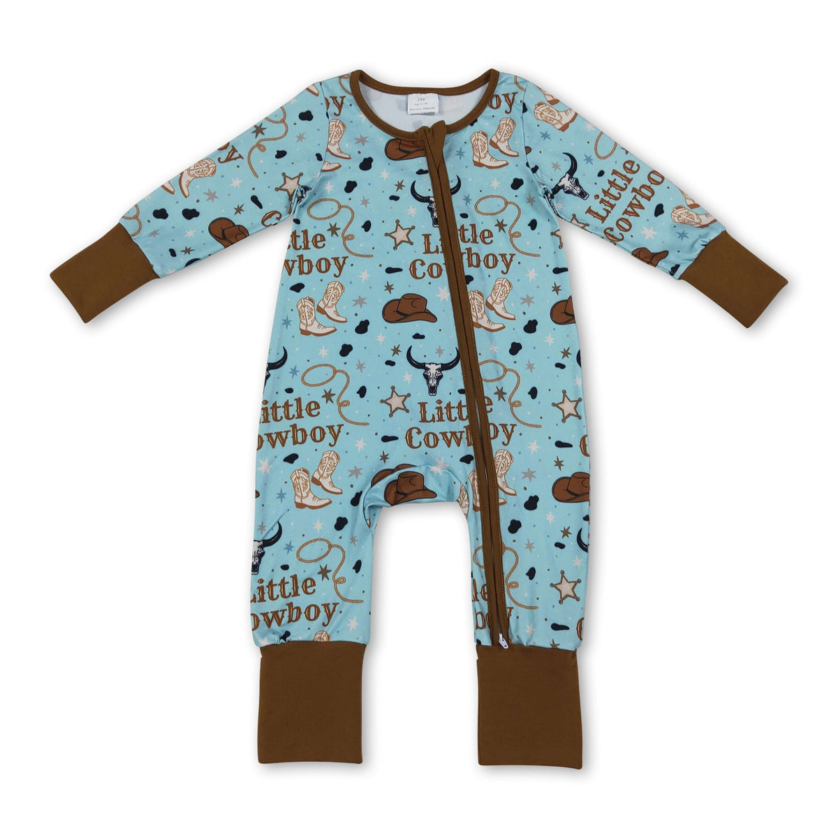 Little cowboy bull skull western baby boy zipper romper