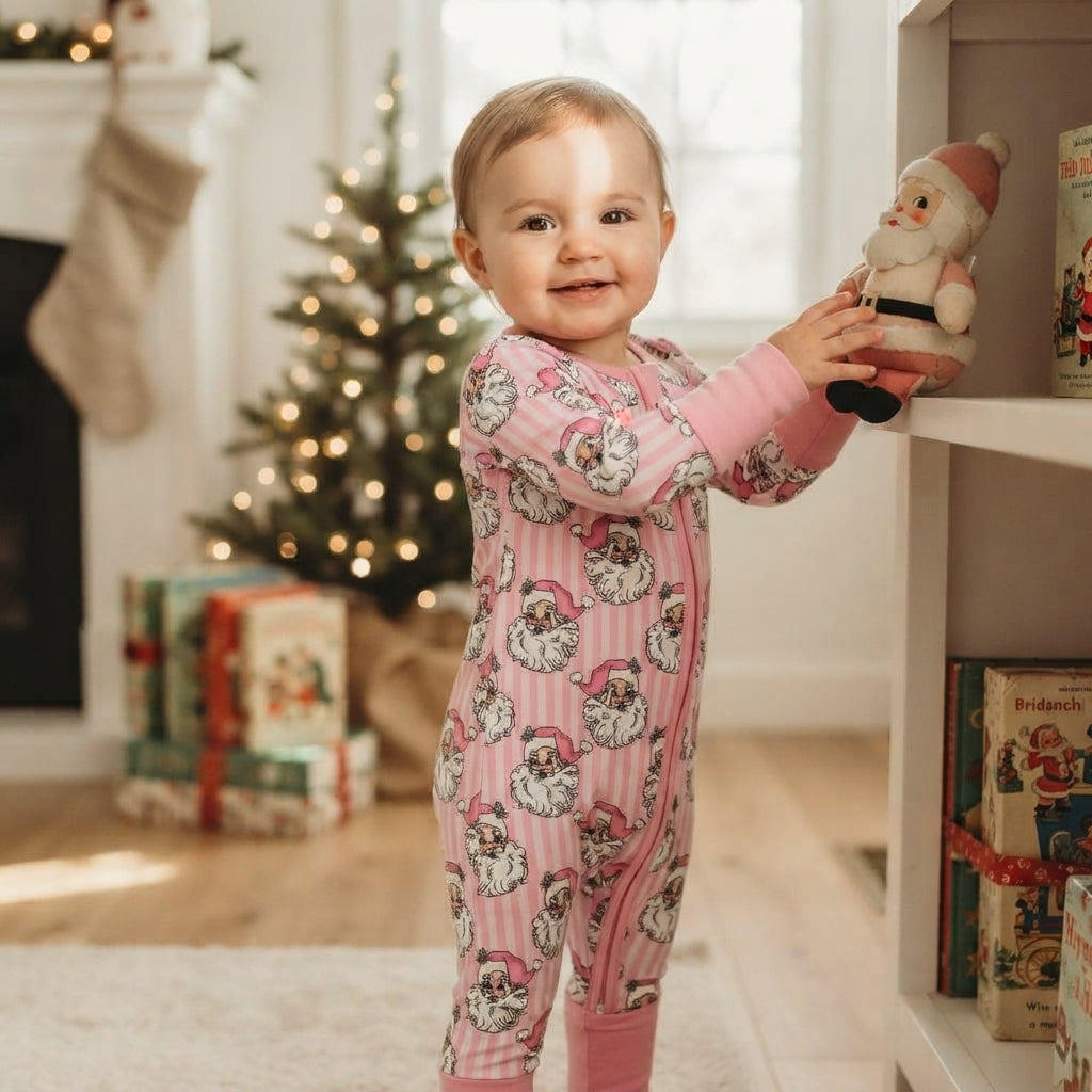 Pink stripe santa baby girls Christmas zipper romper
