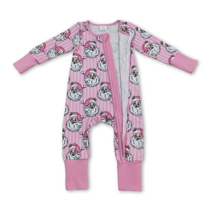 Pink stripe santa baby girls Christmas zipper romper